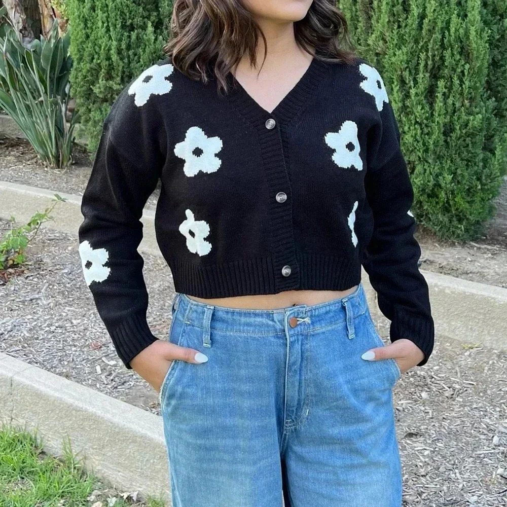 Cardigan Sweater Floral Oversized Knitted Waist Length Black Boxy Comfy